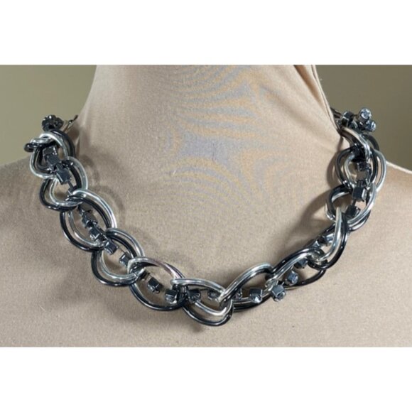 Braided Choker Necklace Black Silver Rhinestone Chunky Statement - Picture 1 of 4